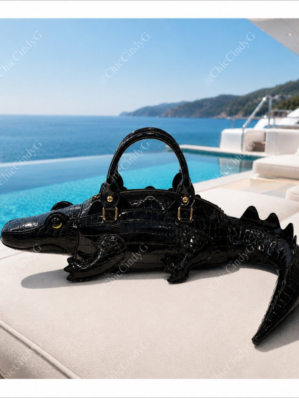 Black Alligator Crocodile Novelty Handbag Purse w/ Strap Statement Bag - Picture 2 of 11